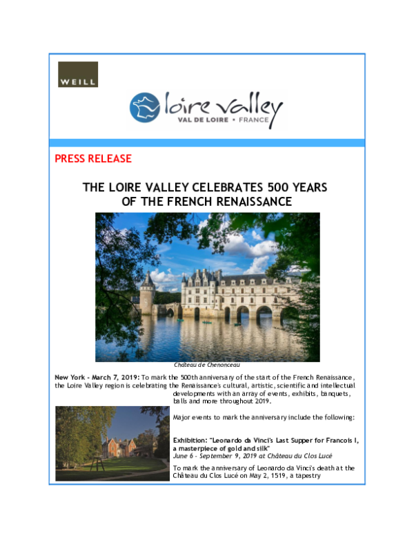 The Loire Valley Celebrates 500 Years of the French Renaissance