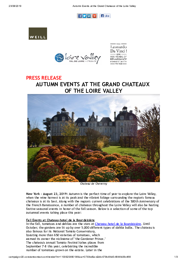 Autumn Events at the Grand Chateaux of the Loire Valley