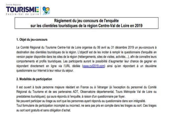 Règlement du jeu concours de l’étude sur les clientèles touristiques en région Centre-Val de Loire 2019