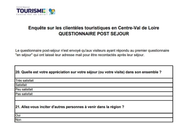 Questionnaire post-séjour de l’étude sur les clientèles touristiques en région Centre-Val de Loire 2019