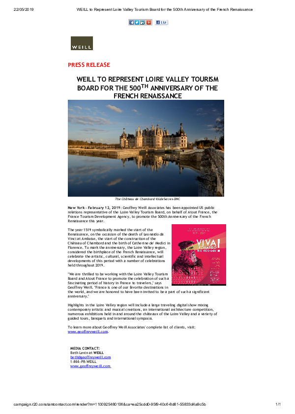 WEILL to Represent Loire Valley Tourism Board for the 500th Anniversary of the french Renaissance